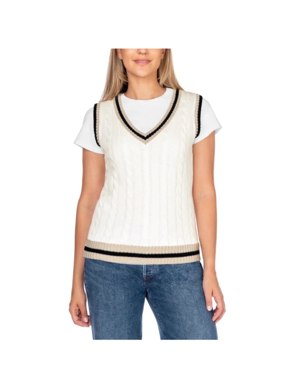 NWT 🥰 In Conversation V-Neck Sweater Vest in Cream with Contrast Trim